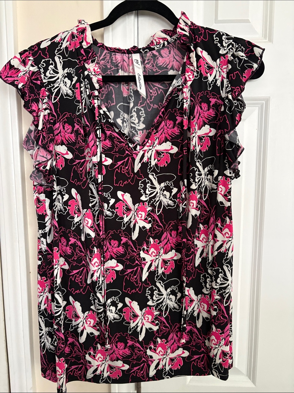 Black Floral Tie-Neck Ruffle Sleeve Blouse with Pink & White Accents